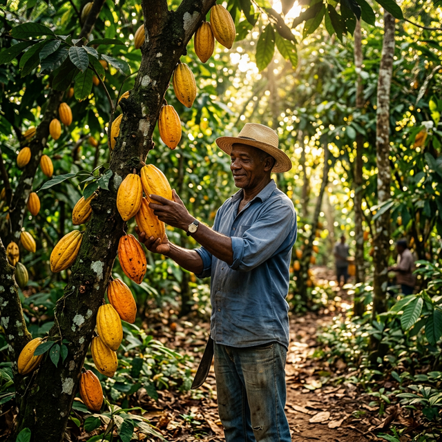 Brazilian cocoa farm worker inspecting cocoa pods — ASG Commodities